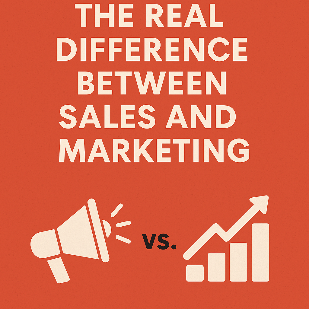 Graphic design with the title ‘The Real Difference Between Sales and Marketing’ on a red-orange background. Below the text, a megaphone icon representing marketing appears on the left, and a bar chart with an upward arrow representing sales appears on the right, separated by the letters ‘vs.’ in black.